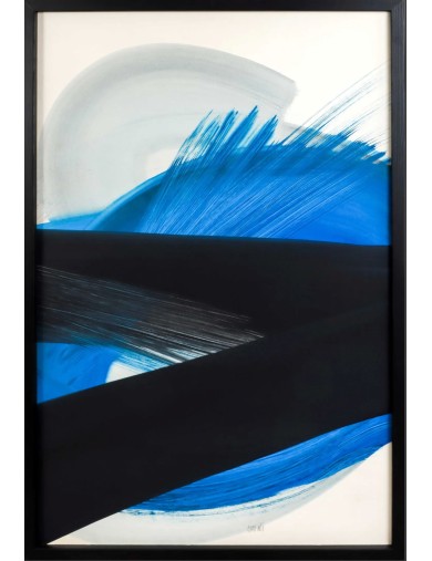 Composition en bleu et noir, technique mixte sur carton maroufle sur toile de Monique Orsini