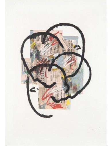 Scène urbaine. 1991. Estampe. Technique mixte avec passages de matériaux et collages de papier sur papier fait main