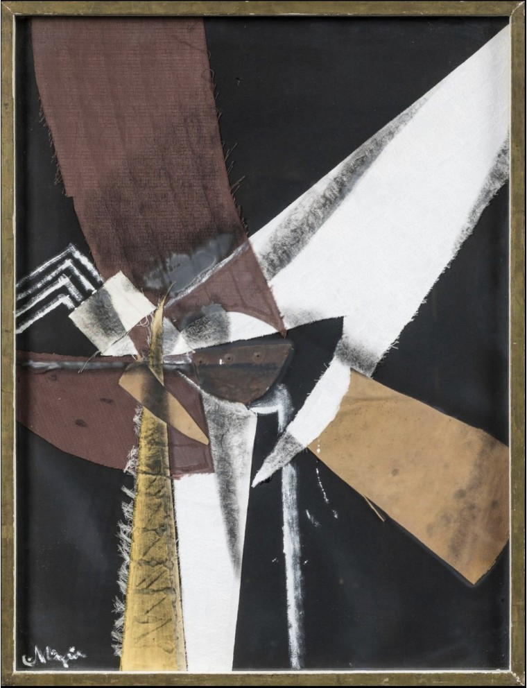 Composition. Technique mixte et collage. Signé en bas à gauche. Haut. 63 Larg. 47 cm.