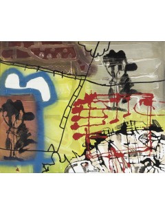 "Caché dans les marécages, je surveille l'arrivée des barbares". Acrylique sur toile.  Signée en bas au milieu et datée 90.