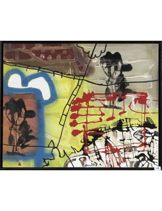 "Caché dans les marécages, je surveille l'arrivée des barbares". Acrylique sur toile.  Signée en bas au milieu et datée 90.