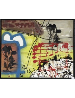 "Caché dans les marécages, je surveille l'arrivée des barbares". Acrylique sur toile.  Signée en bas au milieu et datée 90.