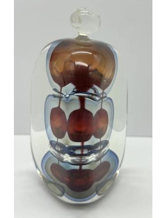 Alain BEGOU, Vase. Flacon avec son bouchon trilobé en verre soufflé à inclusions de ronds soufflés de couleurs