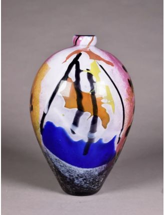 Vase - Ada Loumani - Vase ovoïde en verre multicouche à décor noir et bleu. Signé