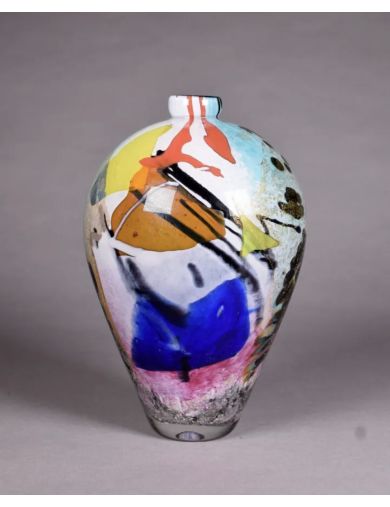 Vase - Ada Loumani - Vase ovoïde en verre multicouche à décor turquoise, blanc or