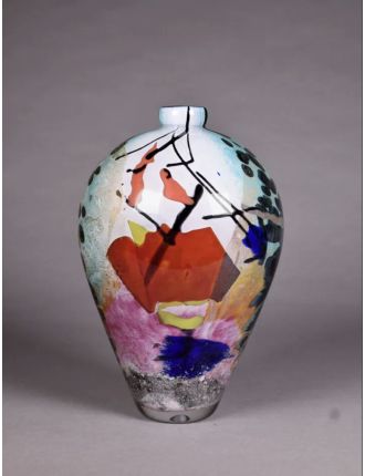 Vase - Ada Loumani - Vase ovoïde en verre multicouche à décor turquoise, blanc or