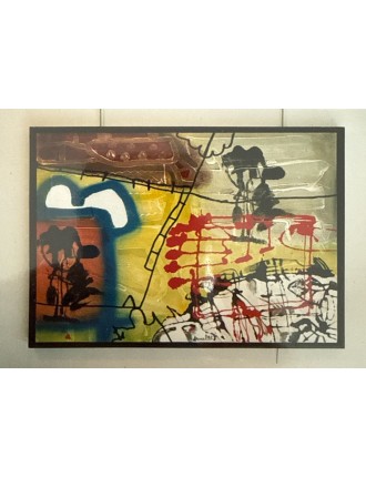 "Caché dans les marécages, je surveille l'arrivée des barbares". Acrylique sur toile.  Signée en bas au milieu et datée 90.