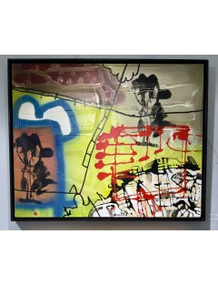 "Caché dans les marécages, je surveille l'arrivée des barbares". Acrylique sur toile.  Signée en bas au milieu et datée 90.