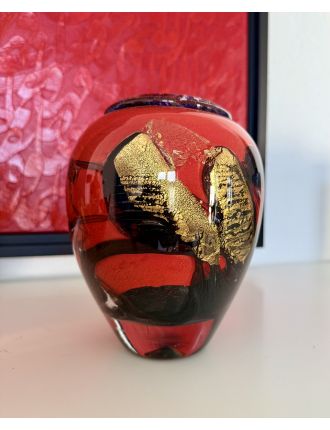 Vase - Jean-Claude Novaro - Vase balustre en verre multicouche rouge à paillons or, ruba