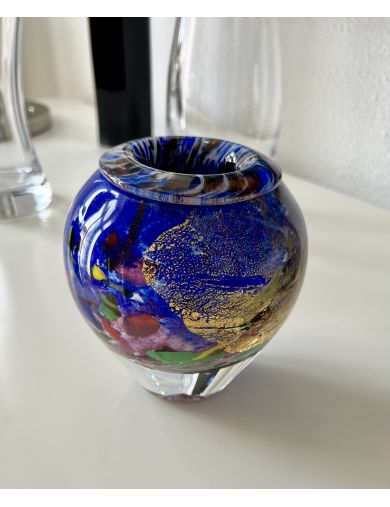 Vase - Jean-Claude Novaro - Vase balustre en verre multicouche bleu à paillons or et pol
