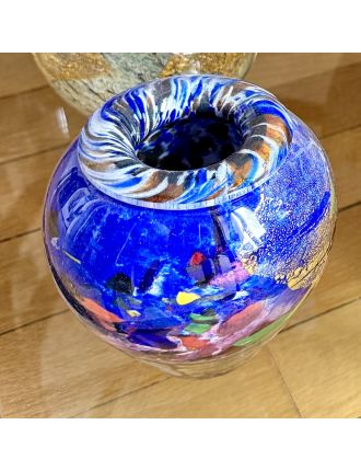 Vase - Jean-Claude Novaro - Vase balustre en verre multicouche bleu à paillons or et pol
