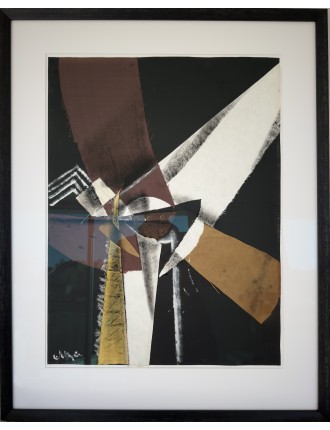 Composition. Technique mixte et collage. Signé en bas à gauche. Haut. 63 Larg. 47 cm.