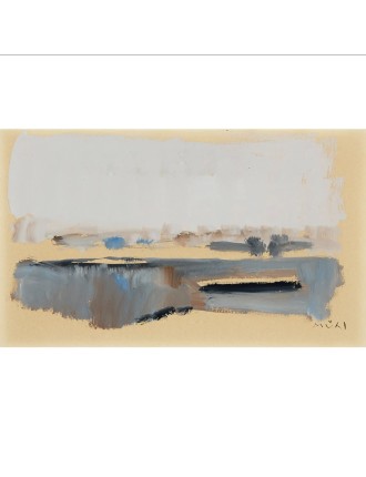 Péniche sur le Rhin. 1965. Gouache sur papier. Signée de Roger Mühl