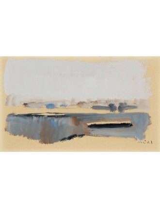 Péniche sur le Rhin. 1965. Gouache sur papier. Signée de Roger Mühl