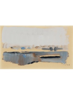 Péniche sur le Rhin. 1965. Gouache sur papier. Signée de Roger Mühl