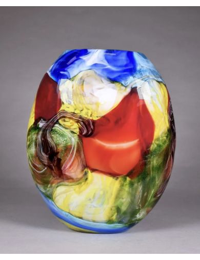Vase - Murano - Vase ovoïde à panse aplatie en verre polychrome à décor de r