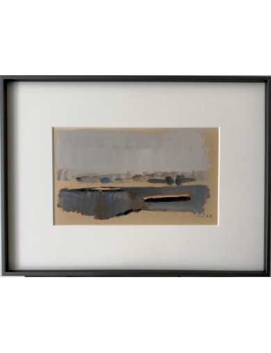 Péniche sur le Rhin. 1965. Gouache sur papier. Signée de Roger Mühl