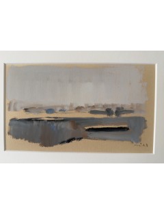 Péniche sur le Rhin. 1965. Gouache sur papier. Signée de Roger Mühl