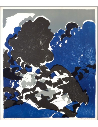 Lithographie couleur paysage abstrait en bleu et noir de Maurice Wyckaert