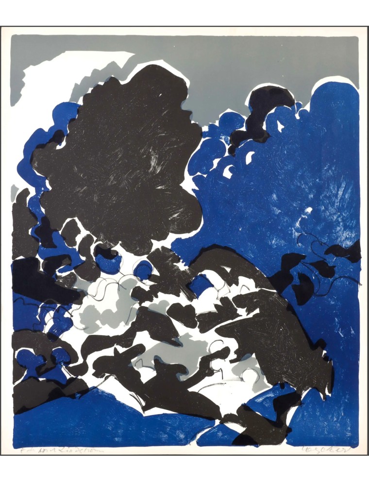 Lithographie couleur paysage abstrait en bleu et noir de Maurice Wyckaert Lithographie couleur paysage abstrait en bleu et noir de Maurice Wyckaert