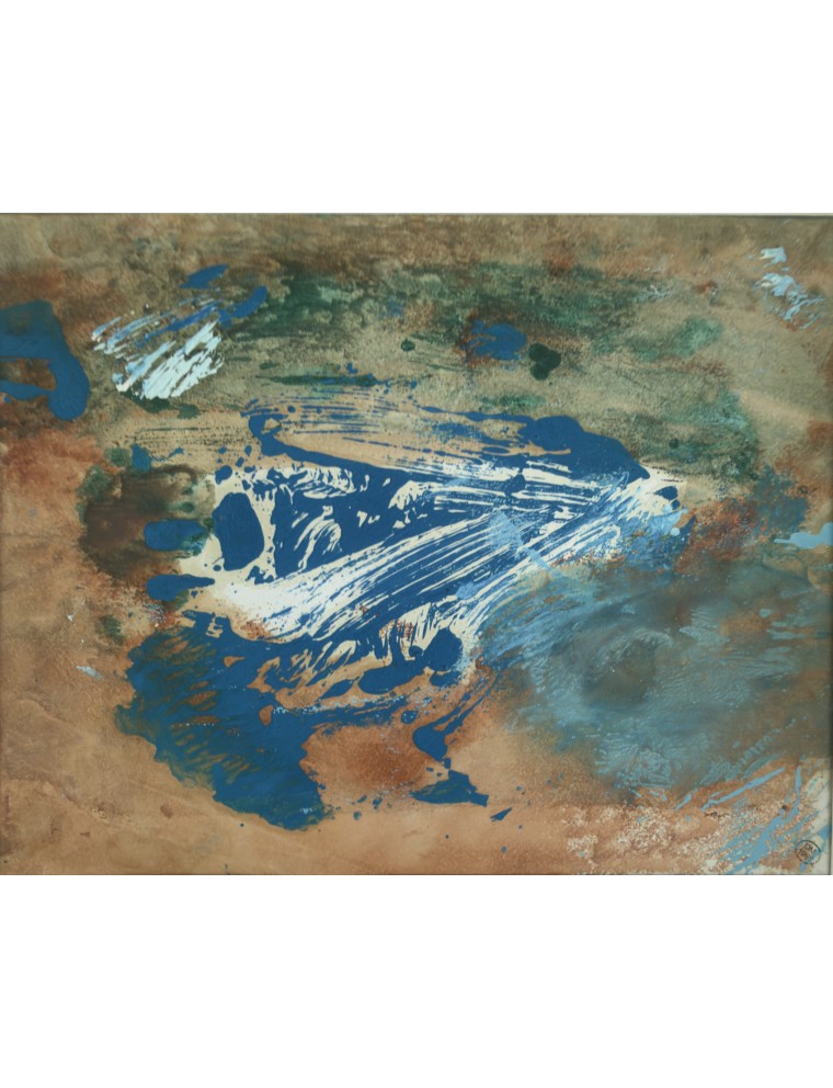 Dora Maar (Henriette Théodora Markovitch). Huile sur papier. Composition abstraite en nuances de orange, vert et bleu.