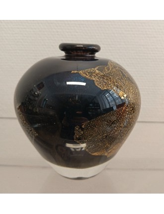 Jean-Claude Novaro - Vase ovoïde à col resserré en verre soufflé à inclusions d'oxydes, émaux et feuilles d'or