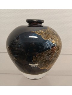 Jean-Claude Novaro - Vase ovoïde à col resserré en verre soufflé à inclusions d'oxydes, émaux et feuilles d'or