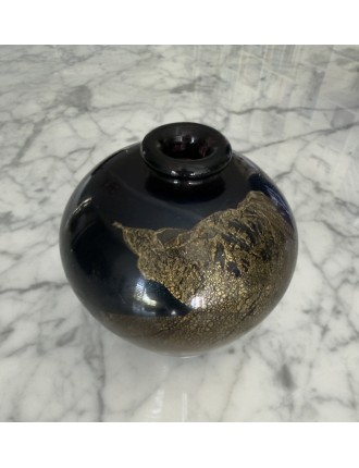 Jean-Claude Novaro - Vase ovoïde à col resserré en verre soufflé à inclusions d'oxydes, émaux et feuilles d'or