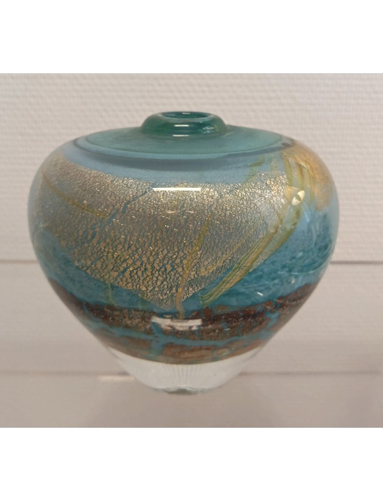 Jean-Claude Novaro - Vase ovoïde à col resserré en verre soufflé à inclusions d'oxydes, d'émaux et feuilles d'or