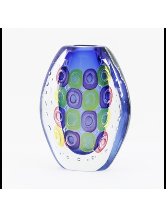 Muano. Vase Annely. Vase en verre sommerso transparent et bleu, orné de murrini jaunes et roses et d'un motif de bulles de Luigi
