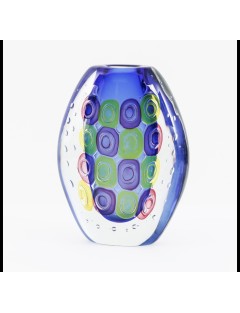 Muano. Vase Annely. Vase en verre sommerso transparent et bleu, orné de murrini jaunes et roses et d'un motif de bulles de Luigi