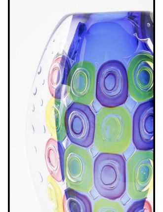 Muano. Vase Annely. Vase en verre sommerso transparent et bleu, orné de murrini jaunes et roses et d'un motif de bulles de Luigi