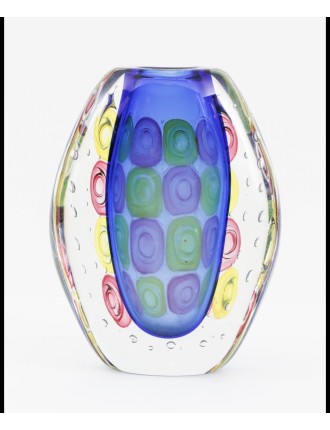 Muano. Vase Annely. Vase en verre sommerso transparent et bleu, orné de murrini jaunes et roses et d'un motif de bulles de Luigi