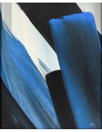 Composition en bleu et noir, technique mixte sur toile de Monique Orsini