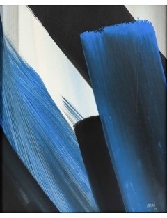 Composition en bleu et noir, technique mixte sur toile de Monique Orsini