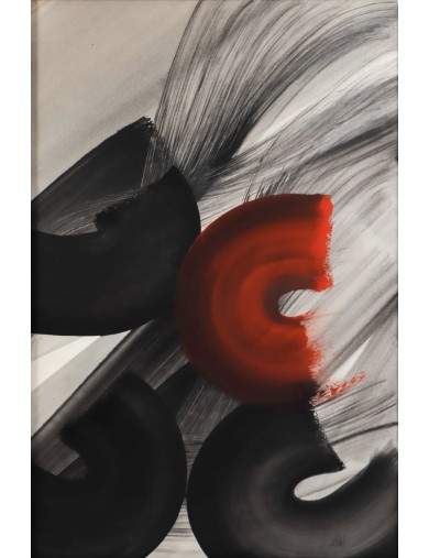 Composition en rouge et noir, technique mixte sur toile de Monique Orsini