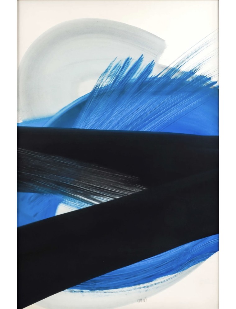 Composition en bleu et noir, technique mixte sur carton maroufle sur toile de Monique Orsini