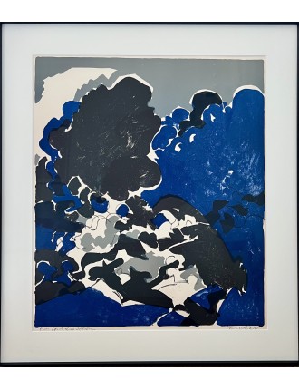 Lithographie couleur paysage abstrait en bleu et noir de Maurice Wyckaert