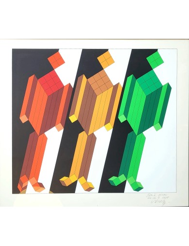 Personnages, rare lithographie unique de Victor Vasarely