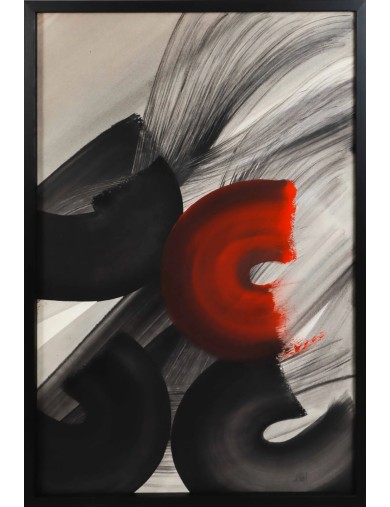 Composition en rouge et noir, technique mixte sur toile de Monique Orsini
