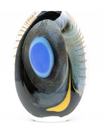 Vase - Eric Laurent - Vase bouteille en méplat en verre soufflé à décor d'ocelle bleu.