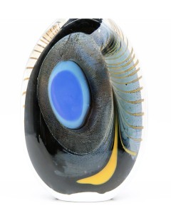 Vase - Eric Laurent - Vase bouteille en méplat en verre soufflé à décor d'ocelle bleu.